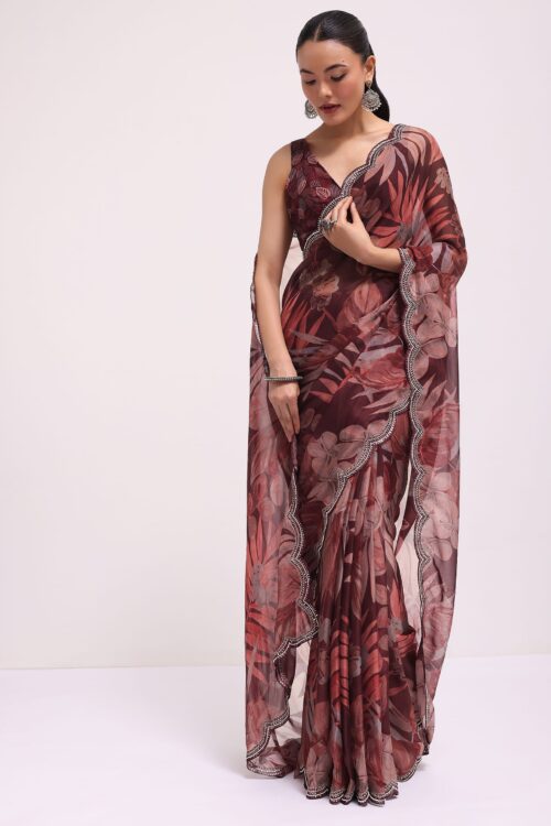 Wine Organza Leaf Printed Saree With Unstitched Blouse