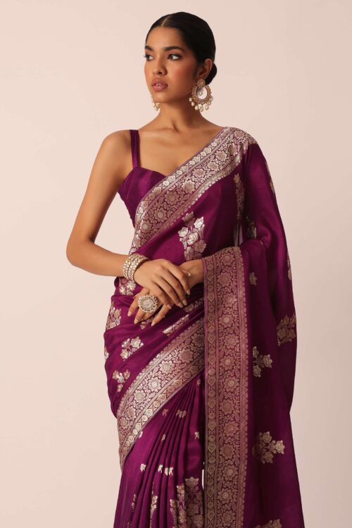 Wine Silk Saree with Butta Detail And Unstitched Blouse Piece