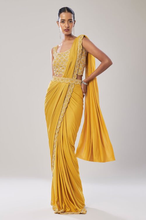 Yellow Ready Pleated Saree with Elegant Belt