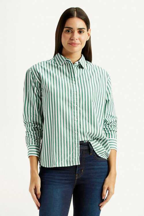 Green Striped Relaxed Fit Poplin Shirt | Trendy Lightweight Shirt