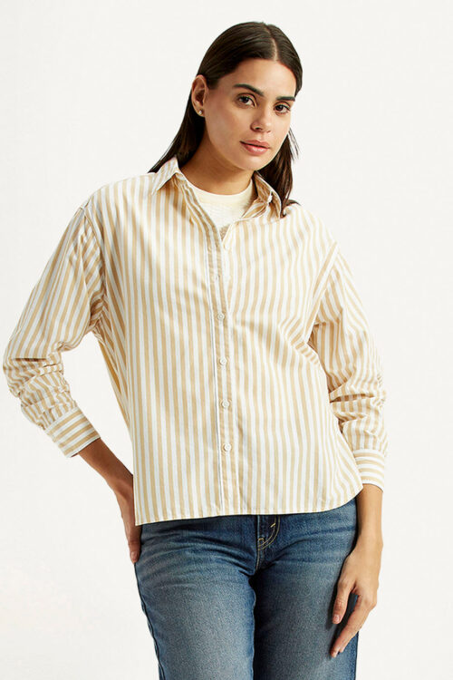 Beige Striped Relaxed Fit Poplin Shirt | Premium Summer Shirt