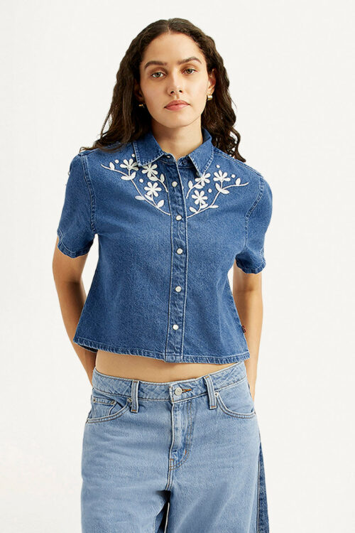 Blue Embroidered Spread Collar Shirt | Elegant Casual Fashion