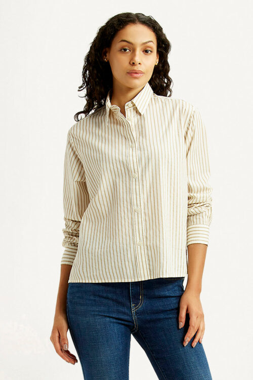 Beige Striped Relaxed Fit Poplin Shirt | Premium Summer Casual Shirt