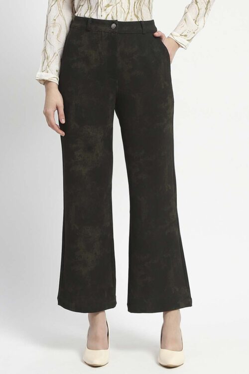 Green Jacquard Flared Trousers for Women Designer Statement Wear