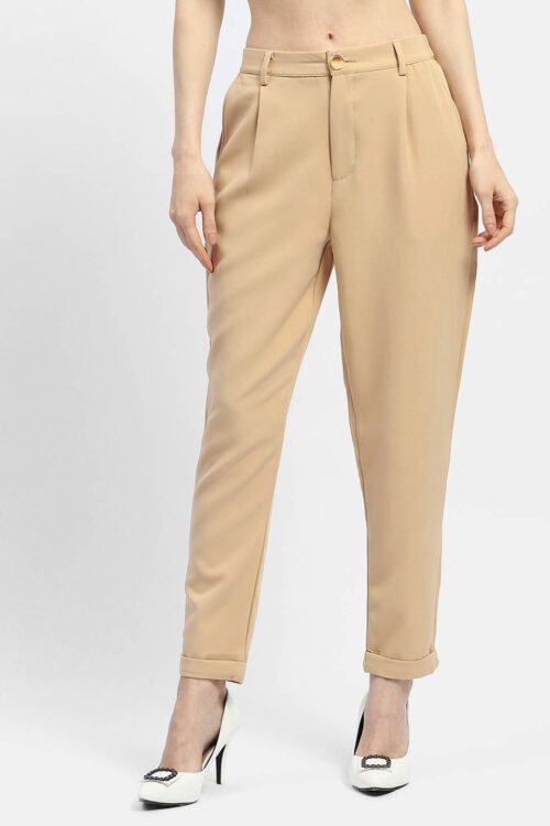 Beige Solid Tapered Fit Trousers for Women Smart Office Wear