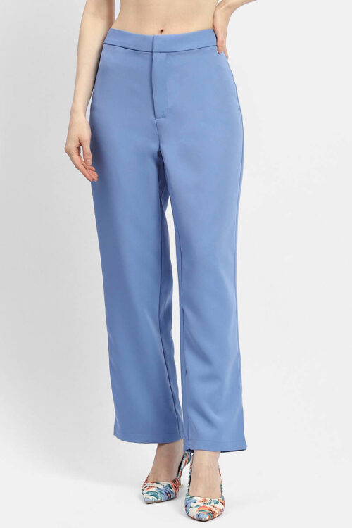 Blue Solid Straight Fit Trousers for Women Stylish Everyday Look