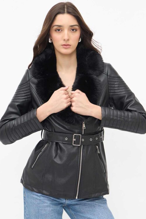 Black Collar  Leather JacketStylish Winter Wear