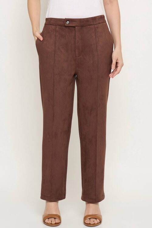 Brown Tapered Fit Trousers for Women Elegant Office Style