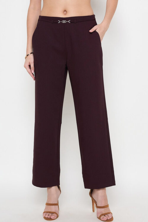 Wine Belted Straight Fit Trousers for Women Elegant Office Style
