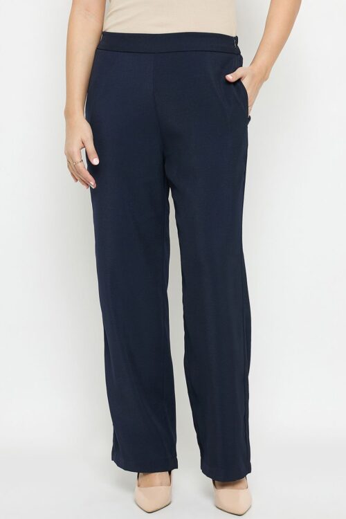 Navy Blue Solid Straight Fit Trousers for Women Smart Office Wear