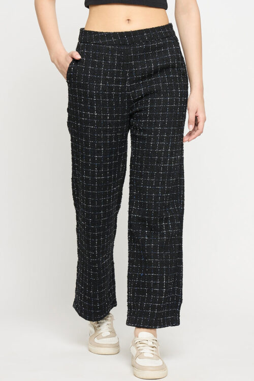 Black Blue Tweed Texture Trousers for Women Premium Winter Wear