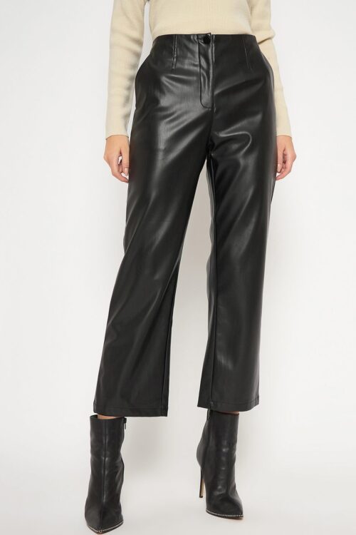 Black Faux Leather Straight Fit Trousers for Women Edgy Fashion Look