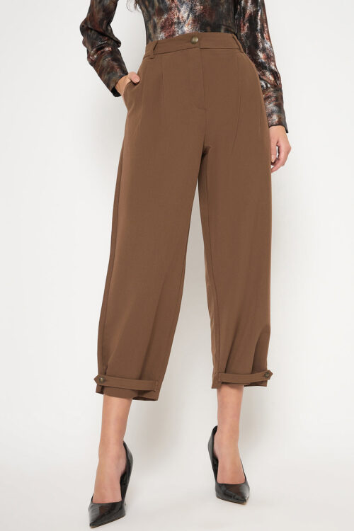 Tan Buckled Hem Rayon Blend Trousers for Women Trendy Style