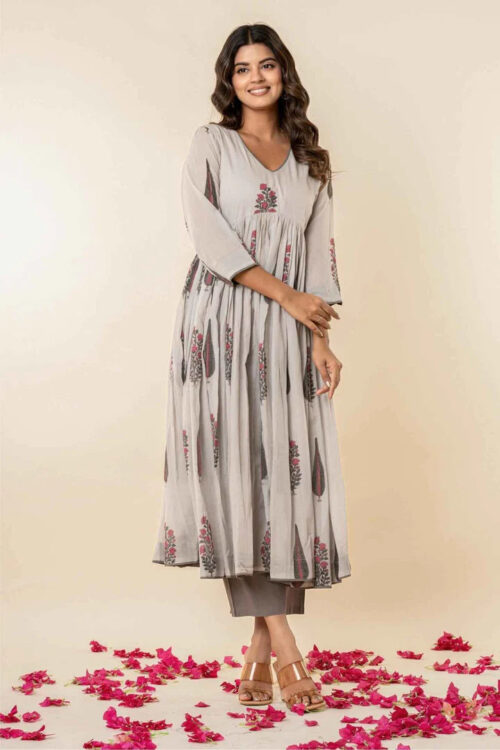 Grey Floral Printed Flared Kurta Pant SetStylish Modern Ethnic