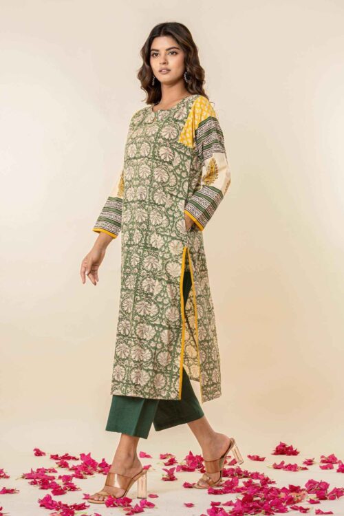 Green & Mustard Printed Straight Kurta Pant SetStylish Casual Ethnic