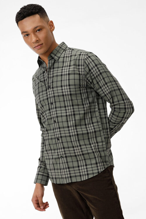 Micro Textured Green Checked Shirt Premium Casual Wear