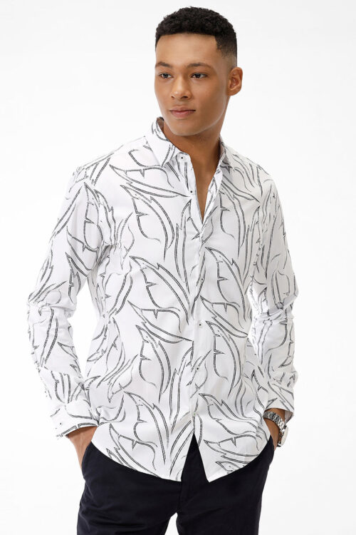 Black Leaf Print Casual Shirt Classic Nature Inspired Wear