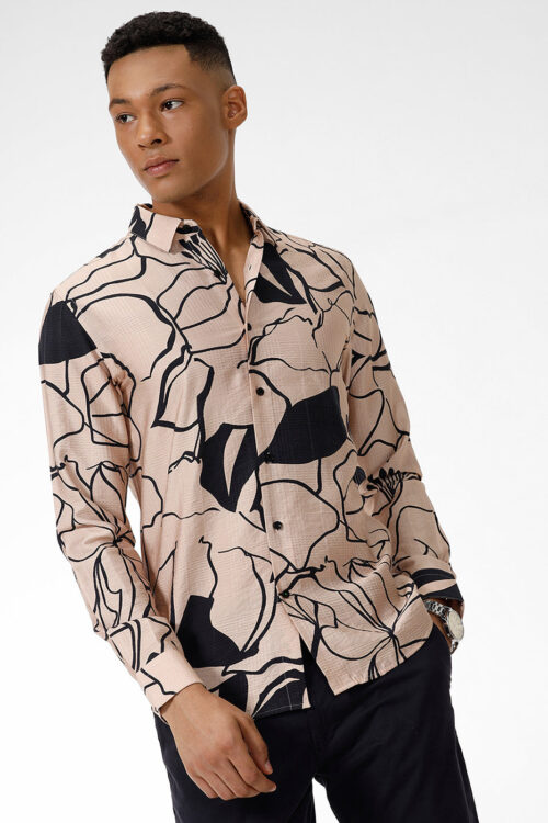 Beige Petal Print Casual Shirt Soft Minimal Summer Wear