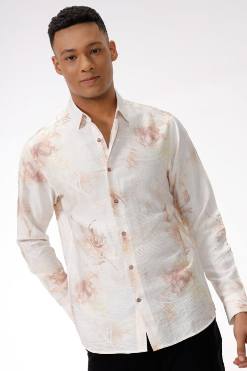 Yellow Leaf Print Casual Shirt for Men Bright Casual Look