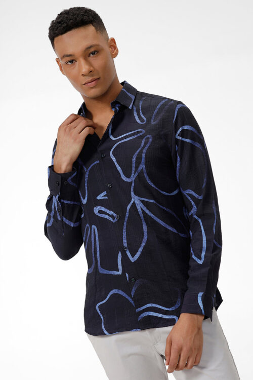Navy Blue Leaf Print Casual Shirt Fresh Nature Inspired Look