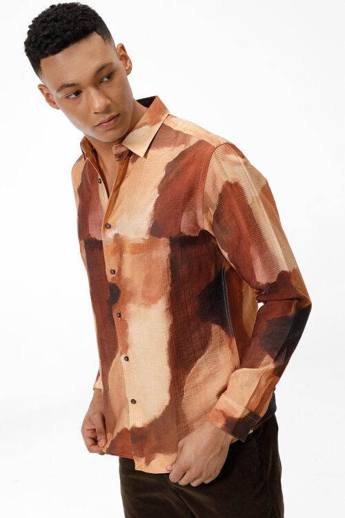 Rust Brown Abstract Print Casual Shirt Modern Smart Casual Wear