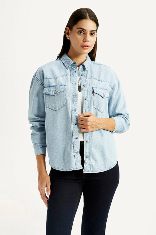 Light Blue Denim Spread Collar Relaxed Fit Shirt | Trendy Street Style