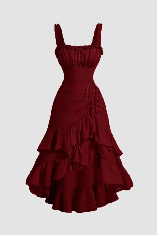 Cherry Ruched High Low Midi Dress|Feminine Ruffle Party Style