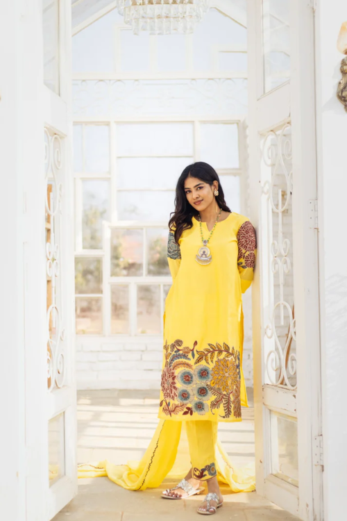 Yellow Floral Printed Cotton Kurta Set with DupattaBright Summer Style