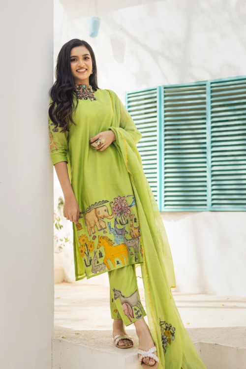 Lime Green Tribal Animal Motif Printed Kurta SetIndo Ethnic Look