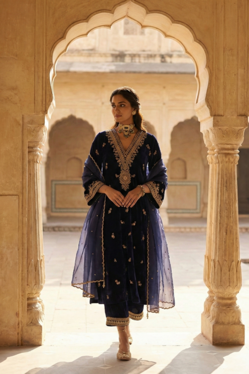 Indigo Velvet Suit Set |Premium Winter Festive Wear