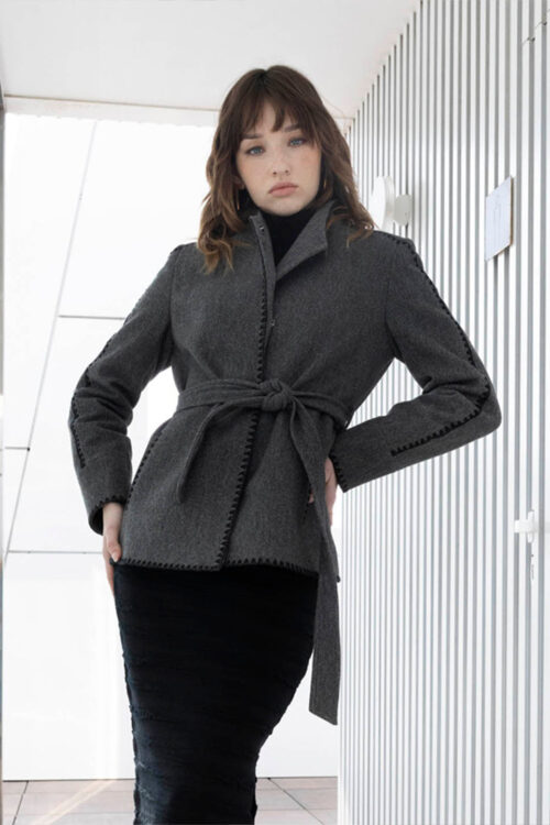 Grey Wrap Style Belted CoatElegant Cozy Wear