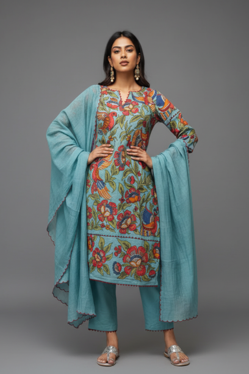 Aqua Blue Hand Painted Floral Bird Print Kurta SetArtistic Ethnic Wear
