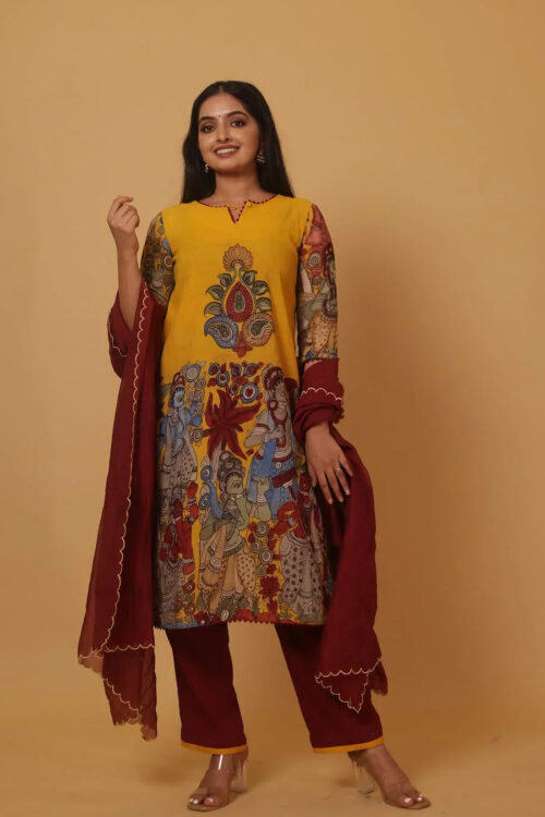 Mustard Maroon Printed Chinon Kurta SetFestive Ethnic Wear
