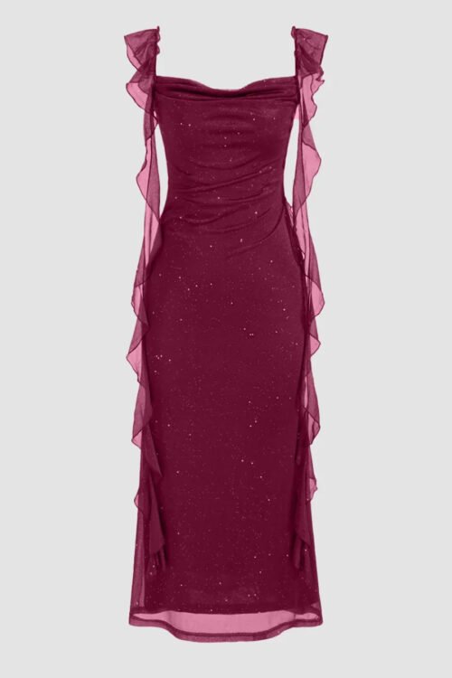 Maroon Square Neck Bodycon Midi Dress|Elegant Party Wear Look
