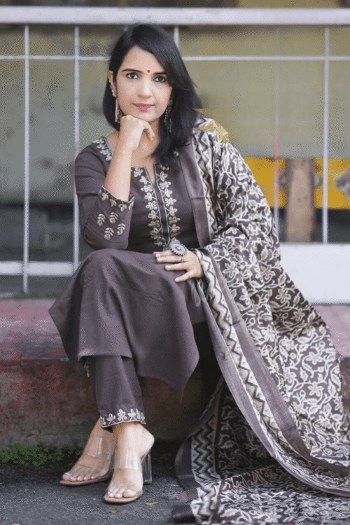 Dark Grey Premium Embroidered Cotton Suit SetElegant Office Ethnic
