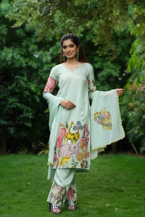 Pastel Green Hand Painted Animal Motif Kurta SetUnique Designer Wear