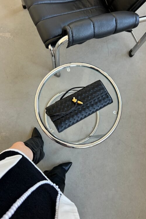 High-end Black Clutch with Gold Pin Detail Braided Evening Bag