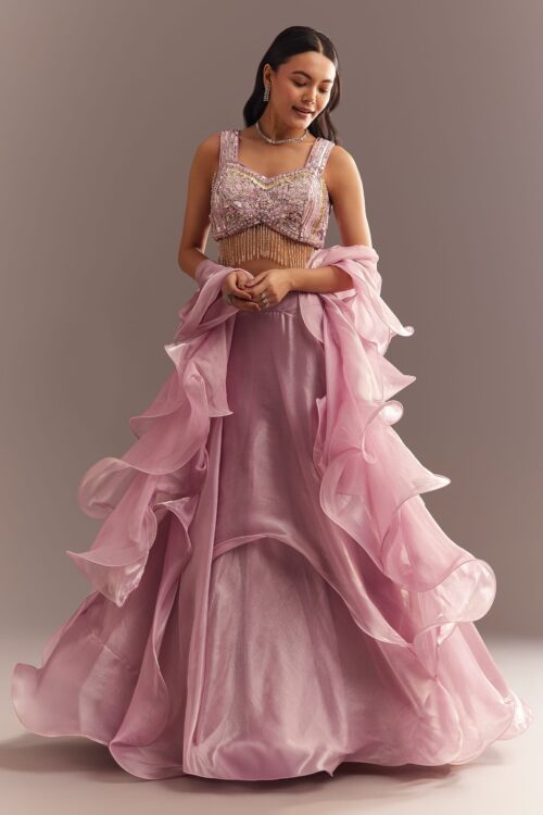 Baby Pink Organza Ruffled Lehenga Choli Set