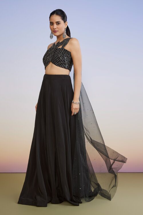 Black One Shoulder Drape Lehenga Set