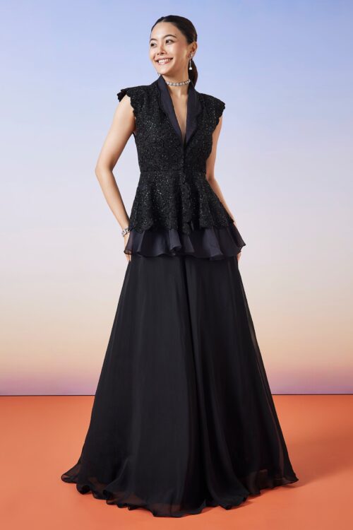 Black Organza Peplum Jacket Lehenga Set