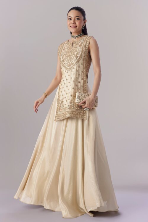 Cream Banarasi Tissue Kurta Lehenga Set