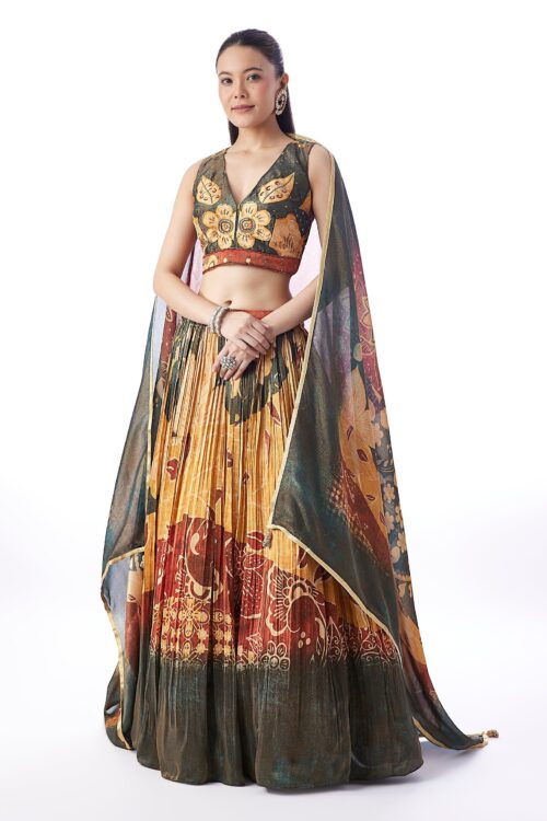 Dark Green Floral Printed Lehenga