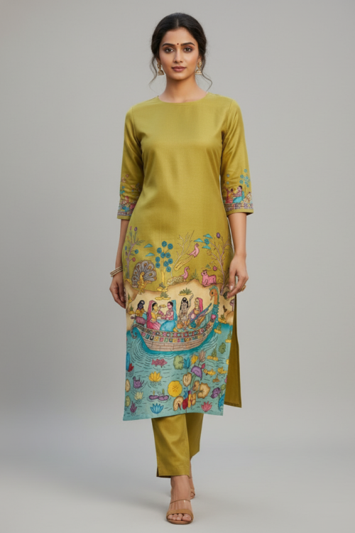 Olive Green Story Print Straight Kurta SetTrendy Ethnic Style