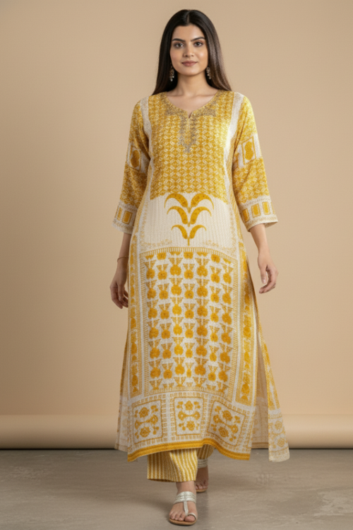 Mustard Yellow Printed Anarkali KurtaFlowy Festive Look