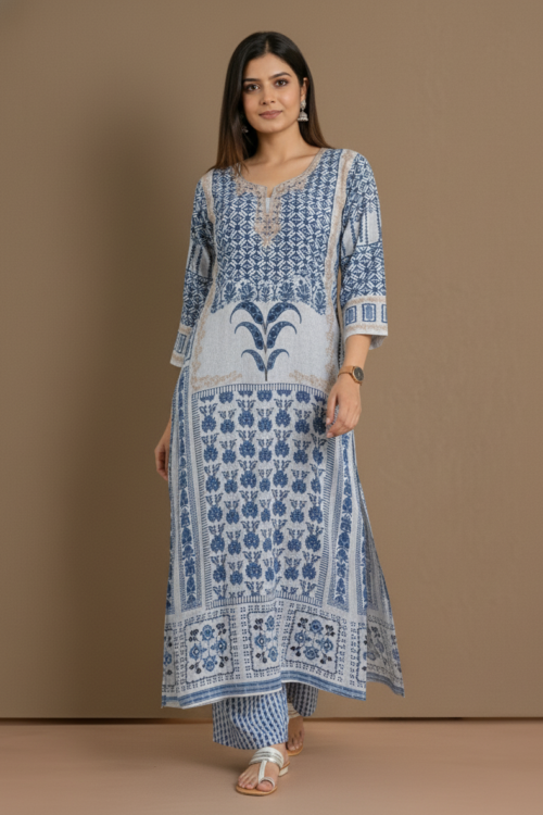 Blue Ivory Printed Straight Kurta SetMinimal Elegant Wear