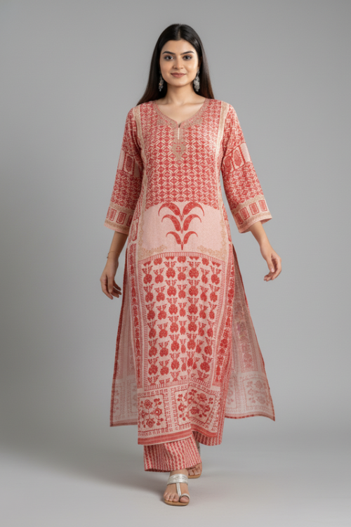 Maroon Printed Straight Kurta with V NeckStylish Casual Wear