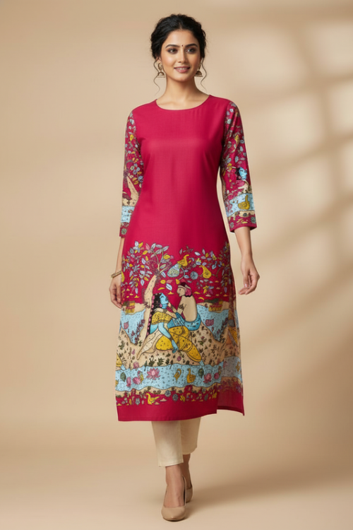 Pink Printed Straight Kurta with 3/4 SleevesEveryday Comfort Wear