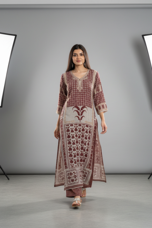 Maroon Printed Straight Kurta with V NeckElegant Daily Wear