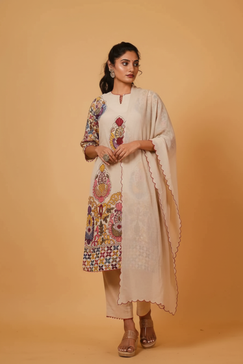 Beige Multicolor Floral Cotton Kurta Set with DupattaVibrant Summer Wear