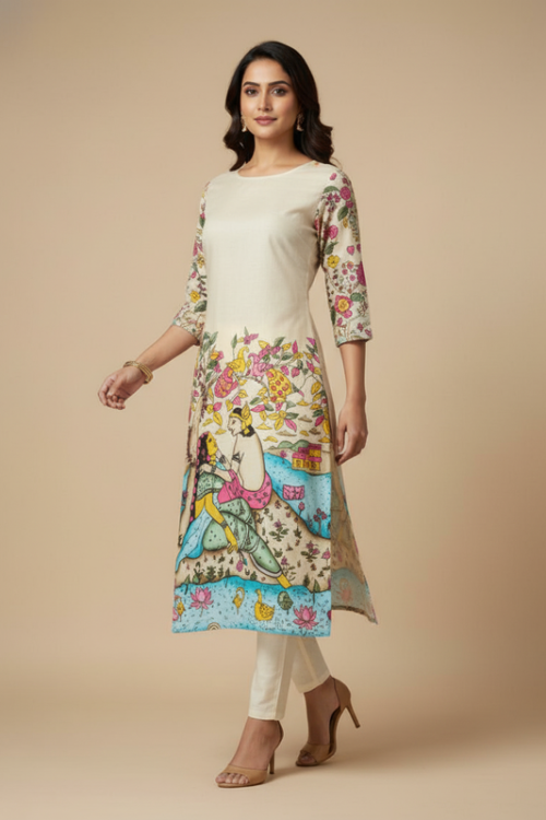 Off White Printed Straight Kurta with 3/4 SleevesMinimal Chic Wear